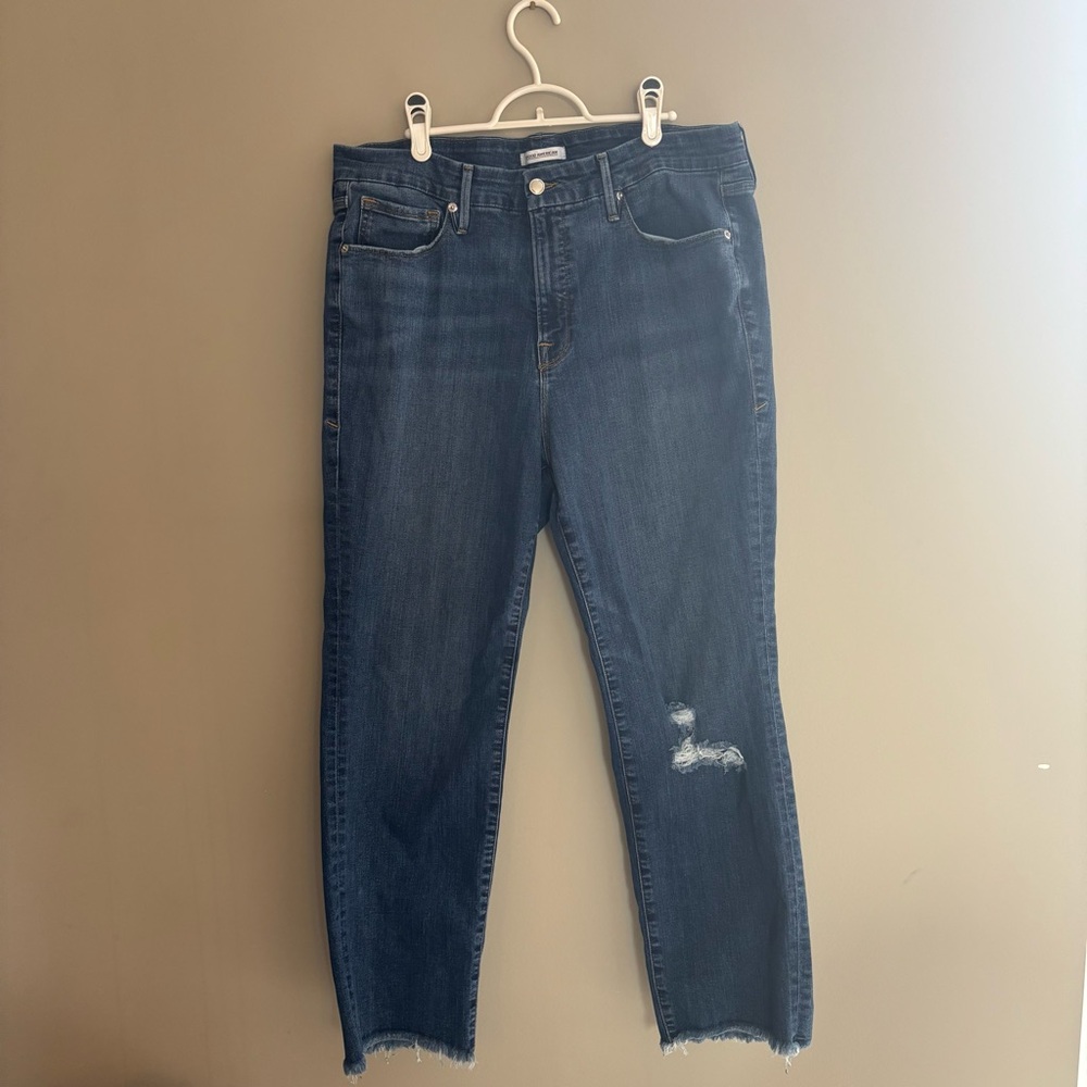 GOOD AMERICAN Jeans Straight Leg High Rise Raw Hem Distressed Size 16